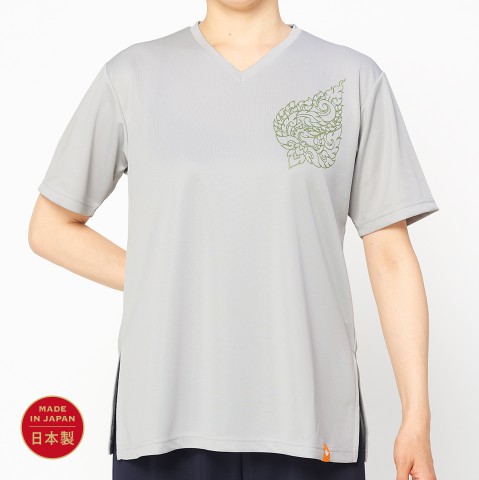 RAKUE Vネック・スリット入り半袖シャツ [LEAF (リーフ) ] ライトグレー