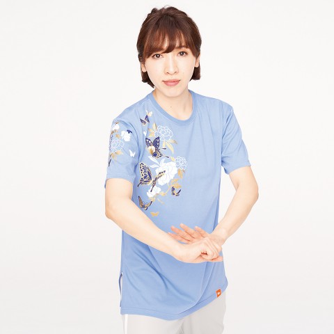 クルーネック スリット入り半袖シャツ [花蝶(かちょう)] アクアブルー